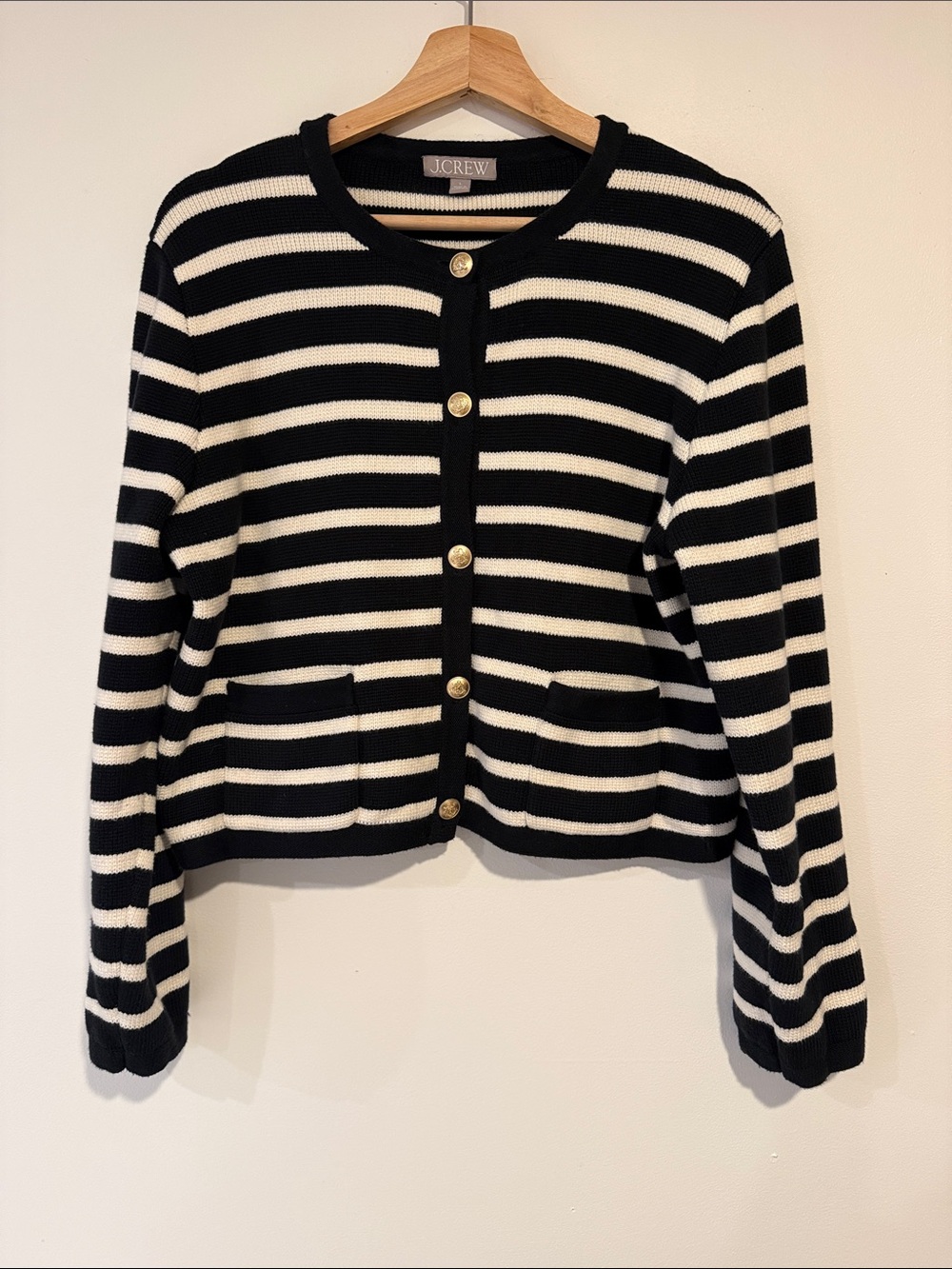 J. Crew Black and White Striped Gold-Button Cardigan - 100% Cotton Sweater